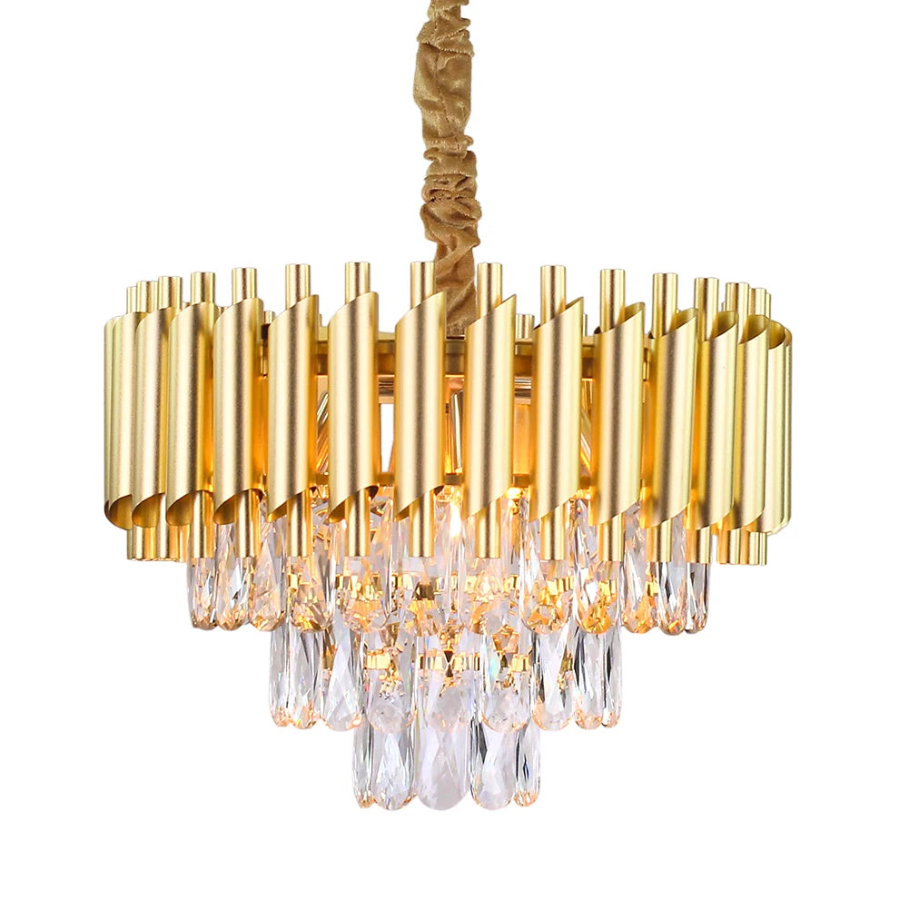 Vintage Gold K9 Crystal Chandelier Long Ceiling Light Fixture Adjustable Height Pendant for Living Room MegaBDM