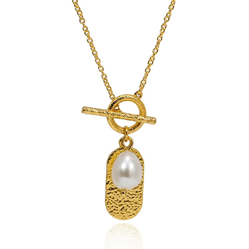 New Retro OT Buckle Brass 18K Gold Plated Beads Natural Freshwater Pearl Pendant Necklaces Unisex Factory Jewelry Wholesale