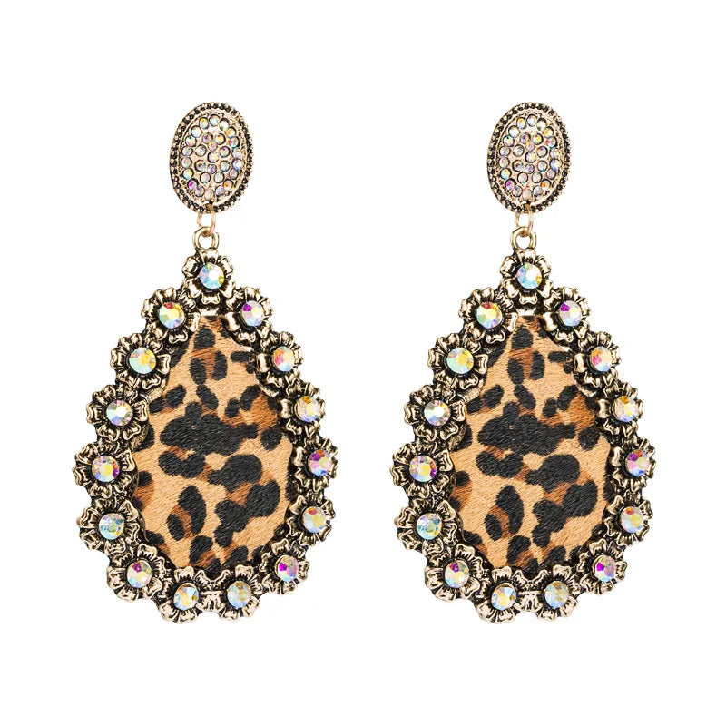 Bohemian Temperament Leopard Leather Rhinestone Diamonds Long Party Earrings Gifts For Women