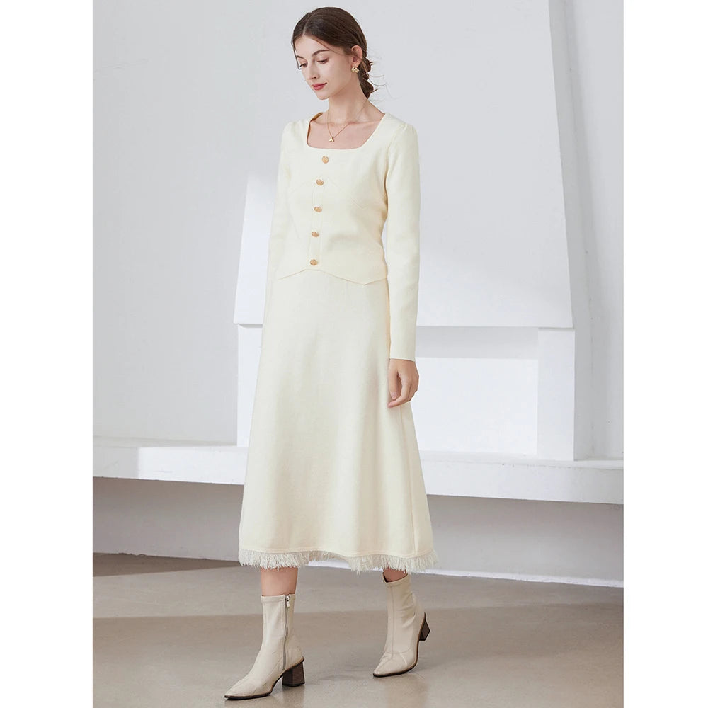 Elegant Style Two Piece Knitwear Women's Autumn U Collar Mid-length Sweater Dress Elastic Waist A-line Tassel Skirt for Women