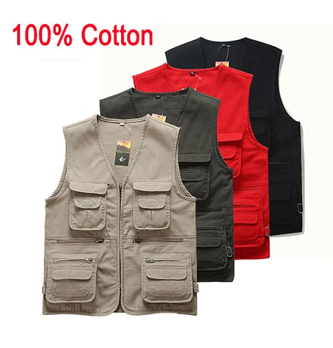 100%Cotton Men's Multi Pockets Cargo Vest for Climbing Shooting Photography Hooking Fisherman Journalist Fishing Vest Waistcoat