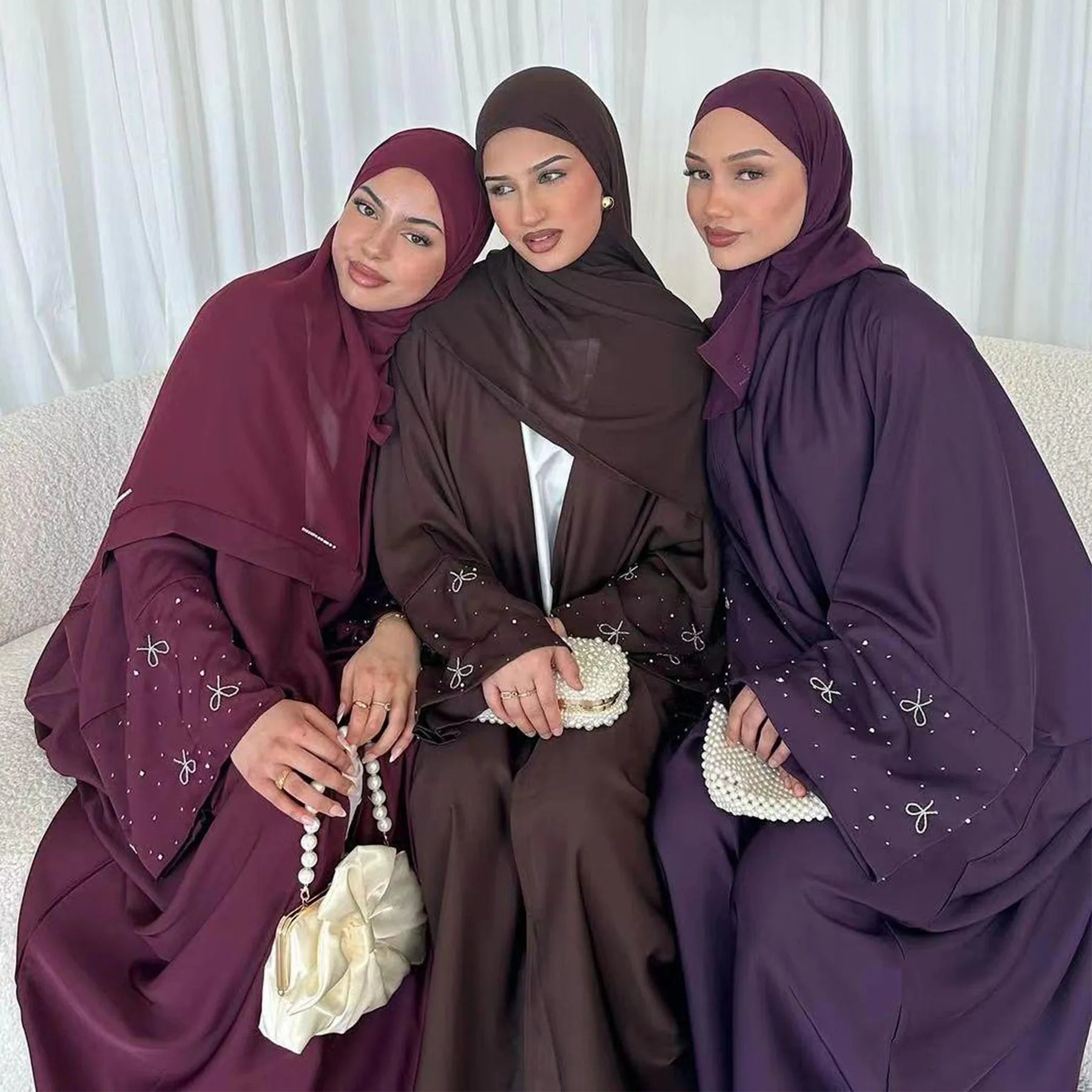 2025 Luxury Modest Fashion Beaded Design Open Abaya Muslim Women's Hijab Kaftan for Ramadan Traditional Islamic Clothing Dubai
