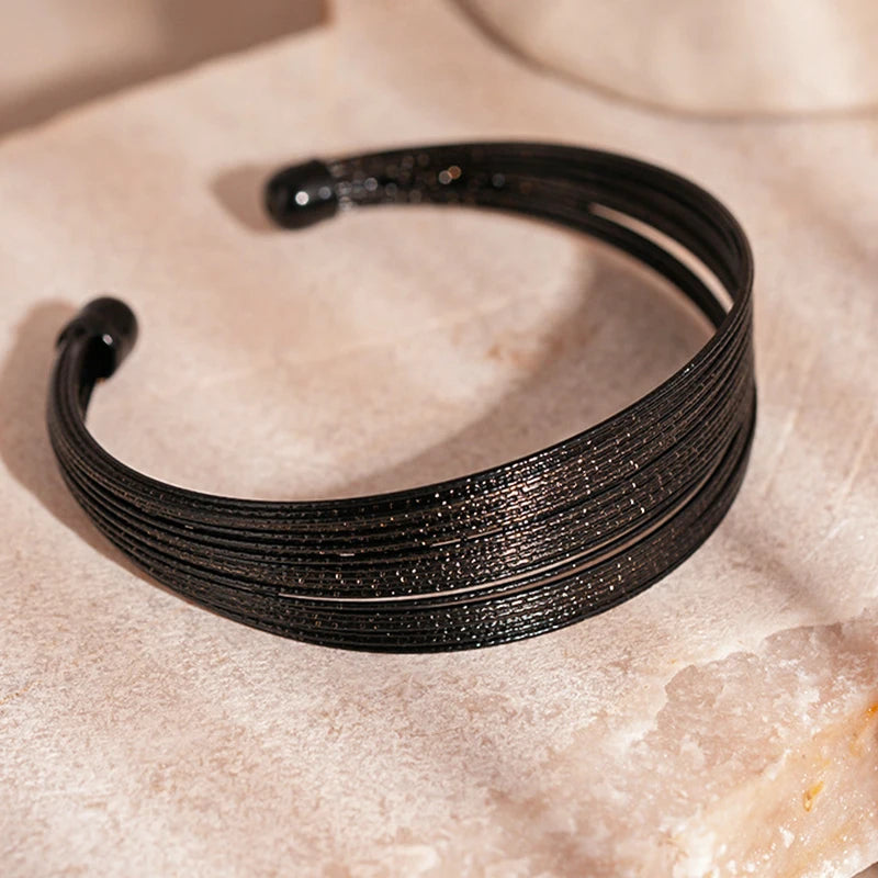 2025 New Arrival Fashion Jewelry Dark Retro Acrylic Multi-layer Striped Brushed Open Bracelet Wire Layered Hematite Cuff Bangles