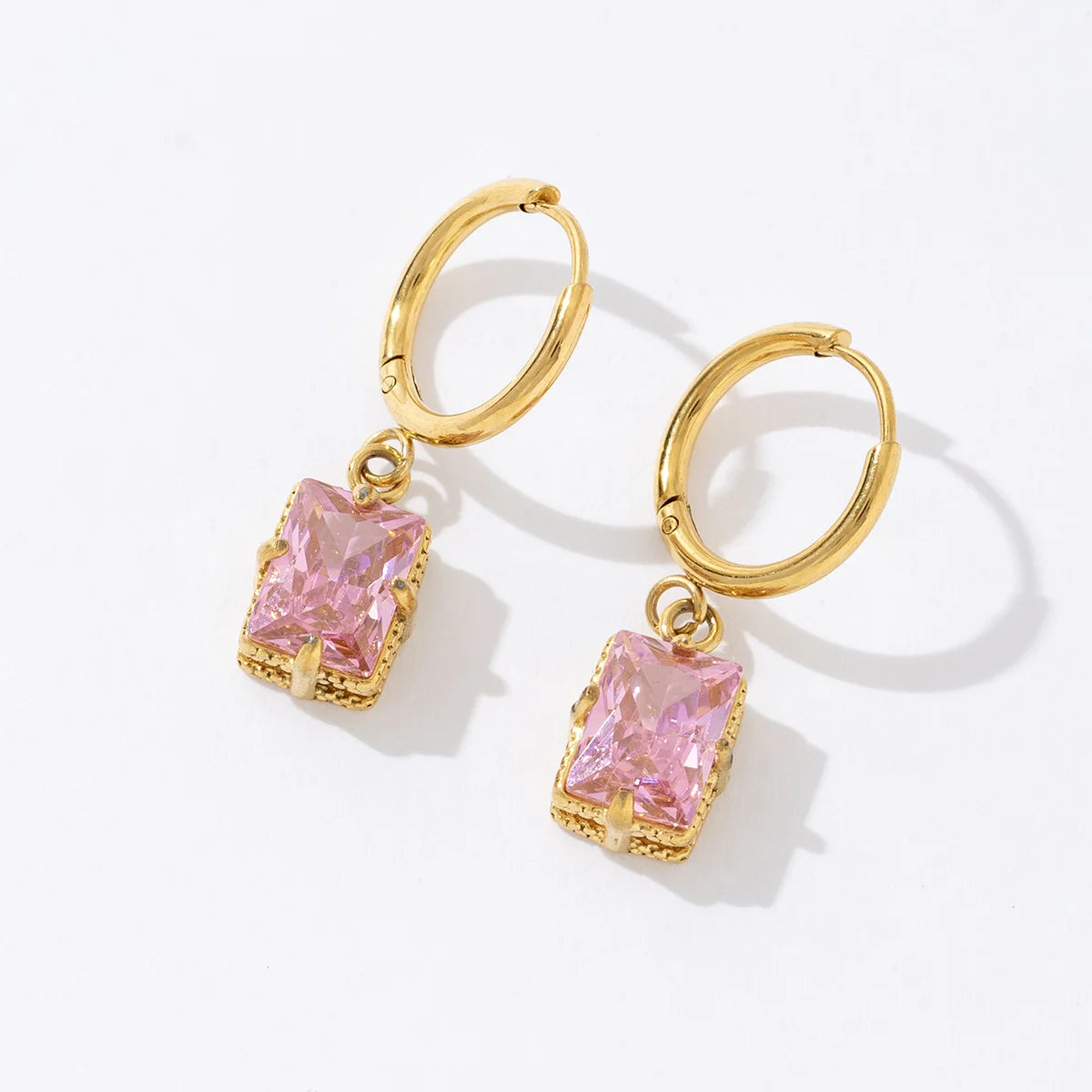 Latest Simple Classic Stainless Steel 18k Gold Plated Square Pink Zircon Drop Earrings