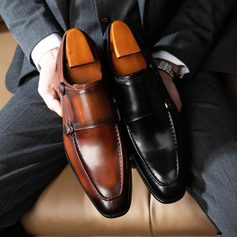 Italian Brogue Shoes Hand-painted Double Buckle Monk Men's Casual Loafers Business Shoes Cowhide Glossy