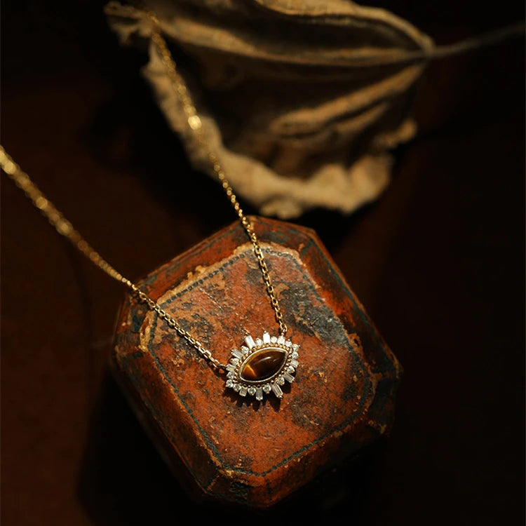 Newest Trendy Designer Ladies Sterling Silver Chain Natural tiger Eye Necklace