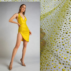 Luxury Citrine Grid Mesh with Yellow Rhinestones Tulle Fabric for Dresses and Shoes