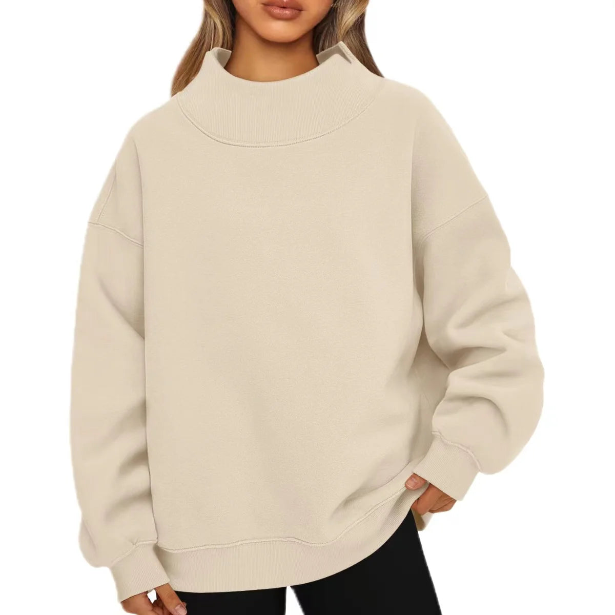 Solid Cotton Drop Shoulder Mockneck Sweatshirt Oversized Loose Fit Plus Size Fleece Custom Embroidery Mock Neck Sweatshirt Women