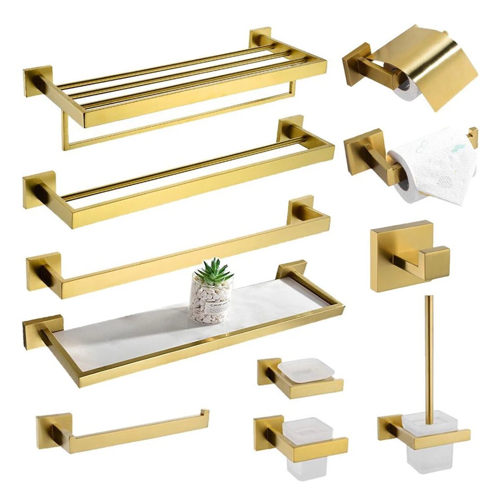 Luxury Single Double Holder Bathroom Hardware Fittings Stainless Steel Brushed Gold Square Metal Rack Glass Home Hotel Use Boxed