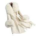 Pretty Luxury Winter Fur Jacket Women Belted Wool Cashmere Fur Coat With Wool Fur Collar