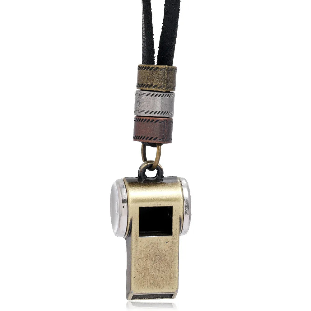 Hot Sale Adjustable Men's Necklace Trendy Vintage Alloy Whistle Pendant with Cord Chain Black Genuine Leather Mens Size for Men