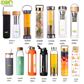 GA6085 650ml Single Wall Custom logo High Borosilicate Tea Detox Fruit Glass Water Bottle with Handle Lid and Strainer