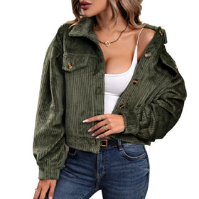 RNSHANGER Autumn Winter Corduroy Jackets for Women Fashion Plush Long Sleeve Coats Elegant Button Solid Ladies Jacket