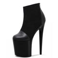 Black PU Stitched High Heels Thick Heel Thick Sole Platform 20 cm bar Pole Dance 8-inch HIGH HEELS SHORT BOOTS