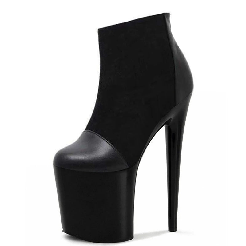 Black PU Stitched High Heels Thick Heel Thick Sole Platform 20 cm bar Pole Dance 8-inch HIGH HEELS SHORT BOOTS
