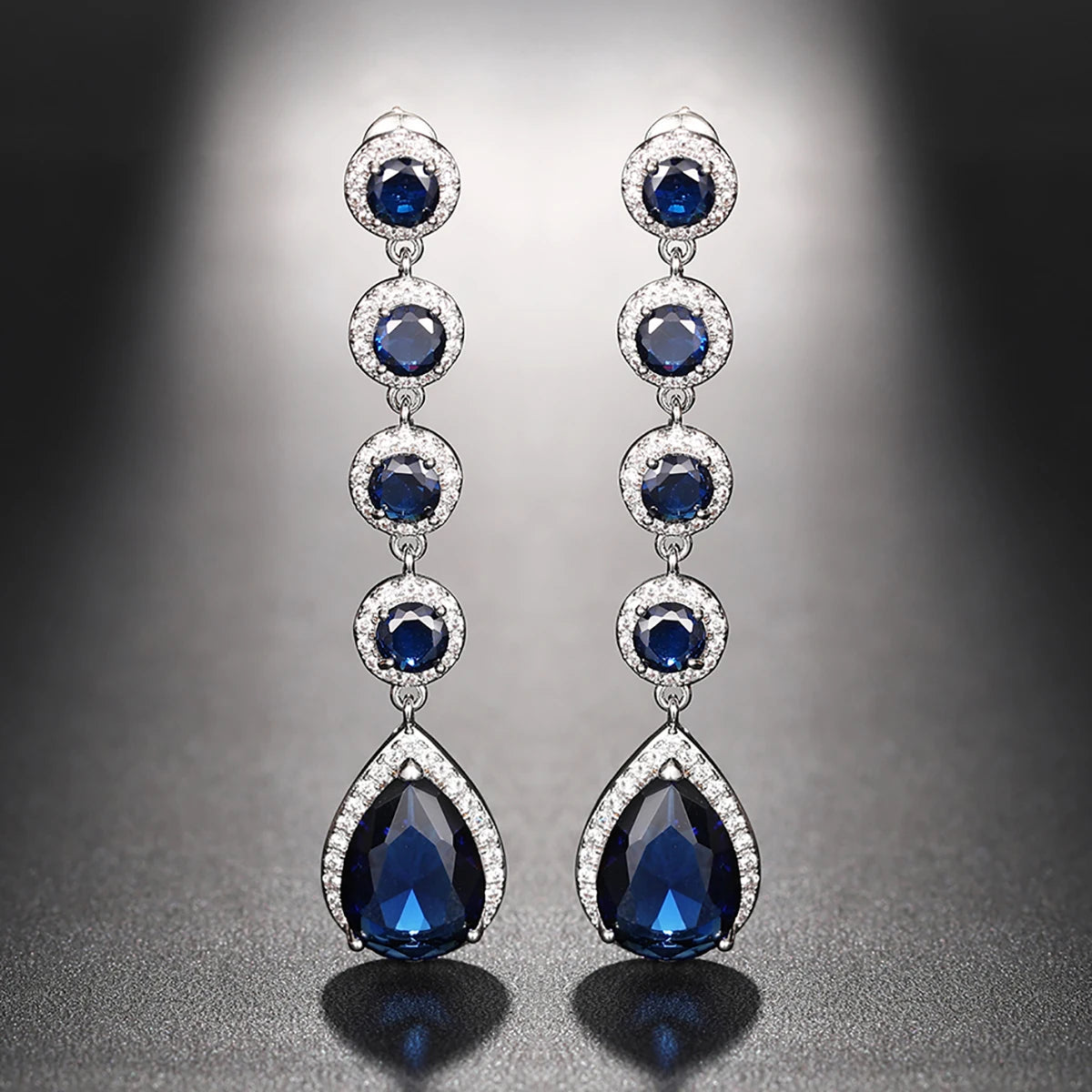 CAOSHI Factory OEM Luxury Pear Blue Zircon Long Hanging Earrings for Bridal Wedding Silver Plated CZ Pendant Earrings for Women