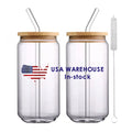 USA Warehouse Custom Blank Transparent 16oz 20oz Glass Drink Water Juice Tea Coffee Can Cups with Bamboo Lid and Glass Straw
