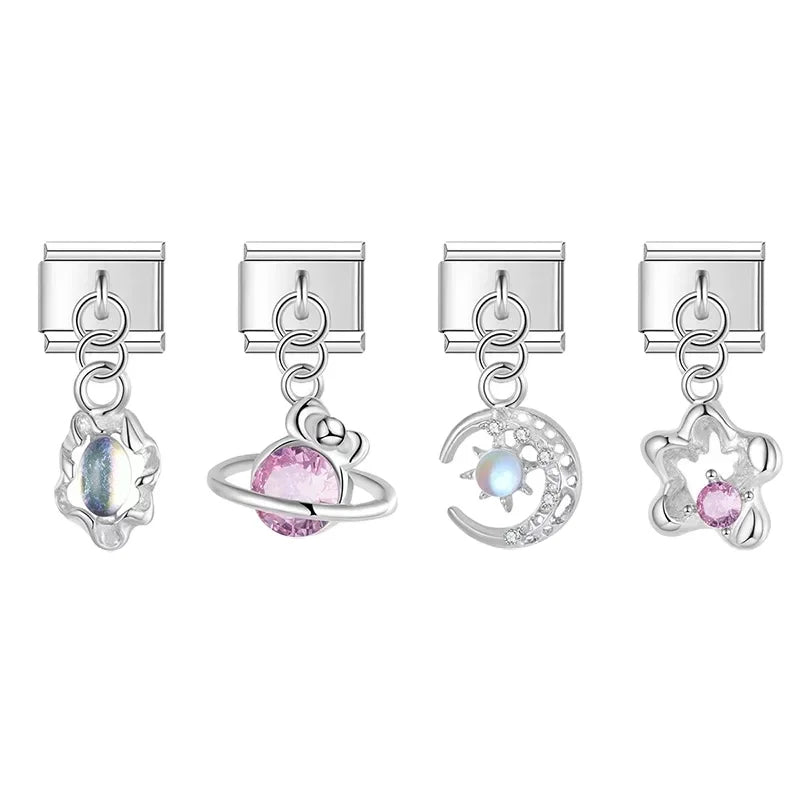 Hapiship 2024 New Original Daisy Star Moon Starry Sky CZ Italian Charm Fit 9mm Bracelet Stainless Steel Jewelry DIY Making DJ802