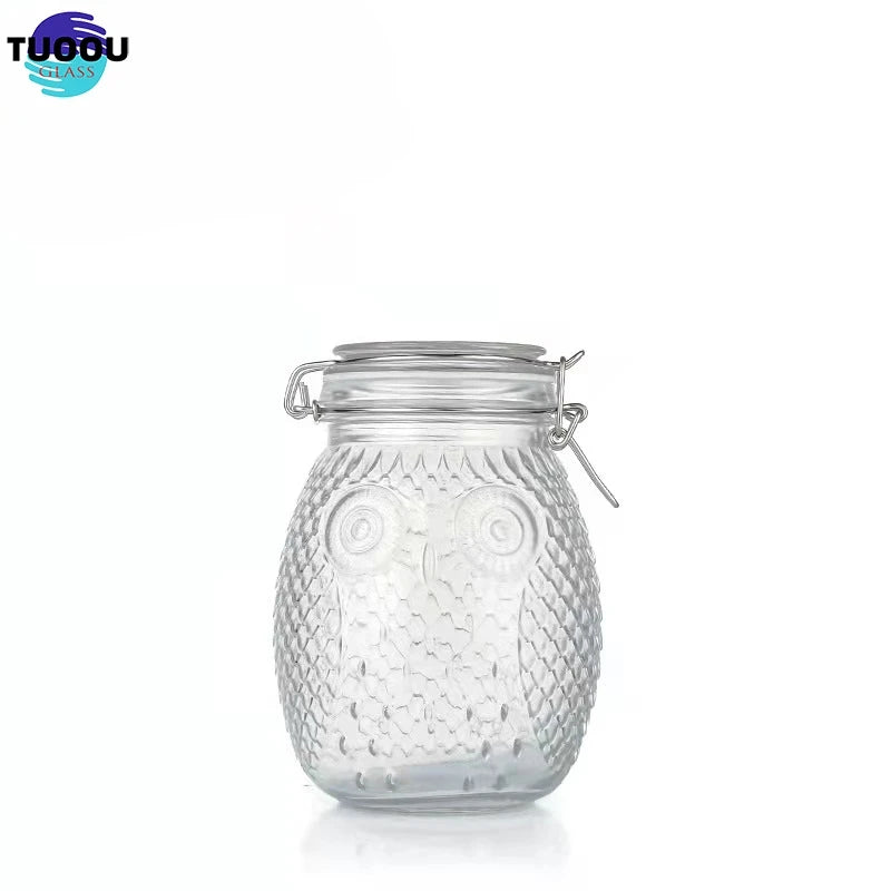 Stock Wholesale Hot Selling 1400ml 48oz Clear Owl Shape Glass Snap-on Storage Bottle With Metal Clip Clamp Lid Sealed Jar