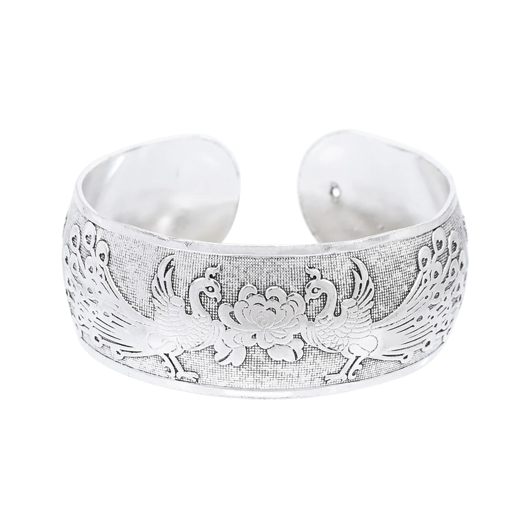Tibetan Silver Carved Spiral Phoenix Flower Connecting Branches Pattern Wide Band Open Cuff Bracelet Bangle for Adult