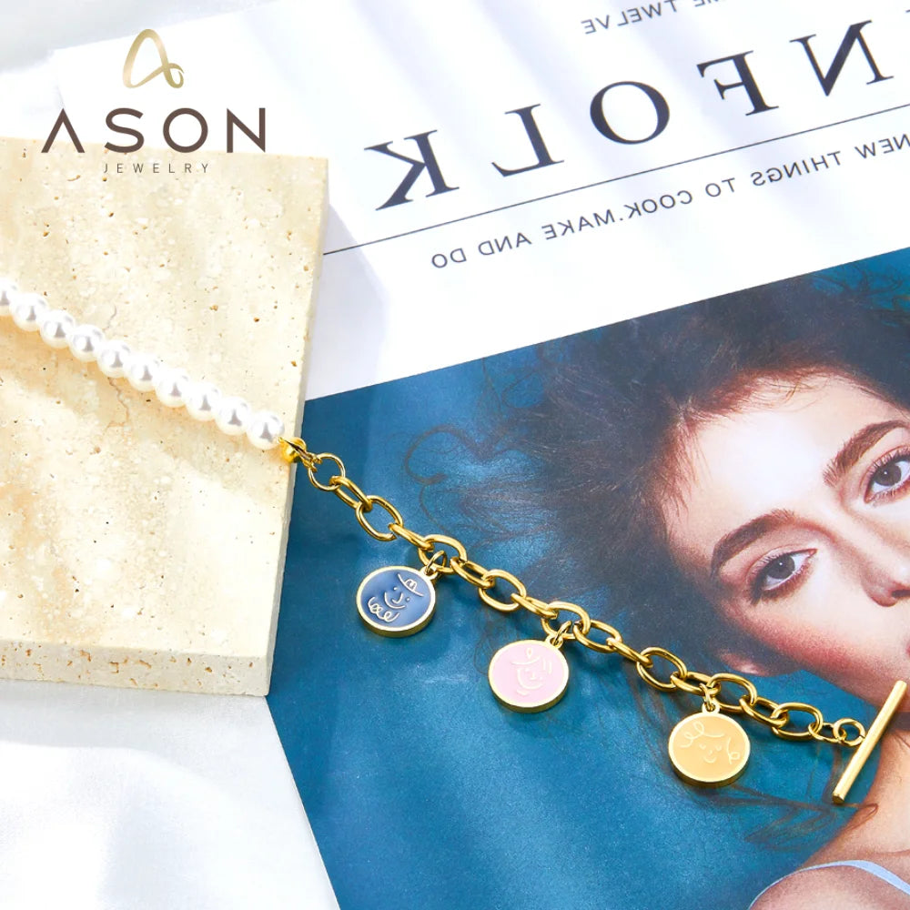 Ason Jewelry 2022 Acier Inoxydable Femme 18k Gold Plated Ot Buckle Bracelet Half Link Half Pearl Creative Charm Bracelet
