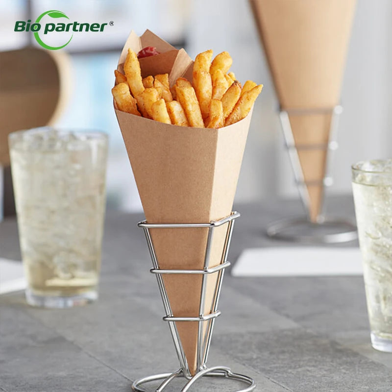 Fast Food Disposable French Fry Kraft Cones Cheesy Fish Fry Cone French Fries Paper Cone With Sauce