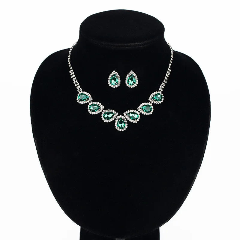Wholesale Factory Cheap Price Zircon Necklace Earrings Set Geometric Shape Enamel Green Red Wedding Jewelry Set