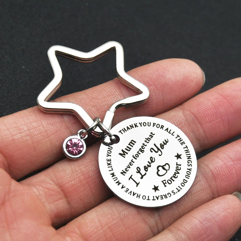Custom Engraved Words Keychain Mum Keychain Star Round Charm Stainless Steel Keychain