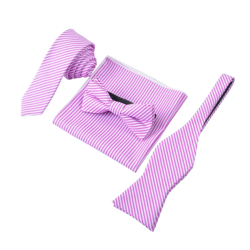 Custom a Set of Four Pieces Fuchsia Pink and White Striped Cotton Neck Tie With Handkerchiefs Hanky and Bowtie Set