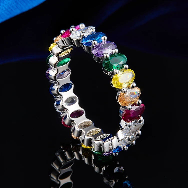 Colorful Iced Out Cubic Zirconia Tennis Ring Silver Jewelry Band Ring for Women