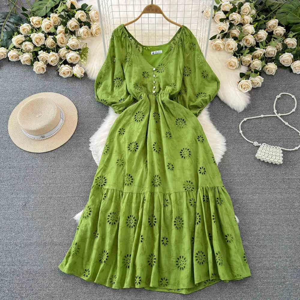 New Stylish 2025 Solid V- Neck Short Sleeve Embroidery Hollow Out Waist Dress