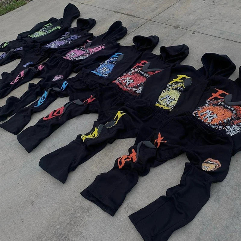 Custom Hoodie and Jogger Set Puff Printing Streetwear Cotton French Terry Hoodie Manufacturers Cropped Sweatpants and Hoodie Set