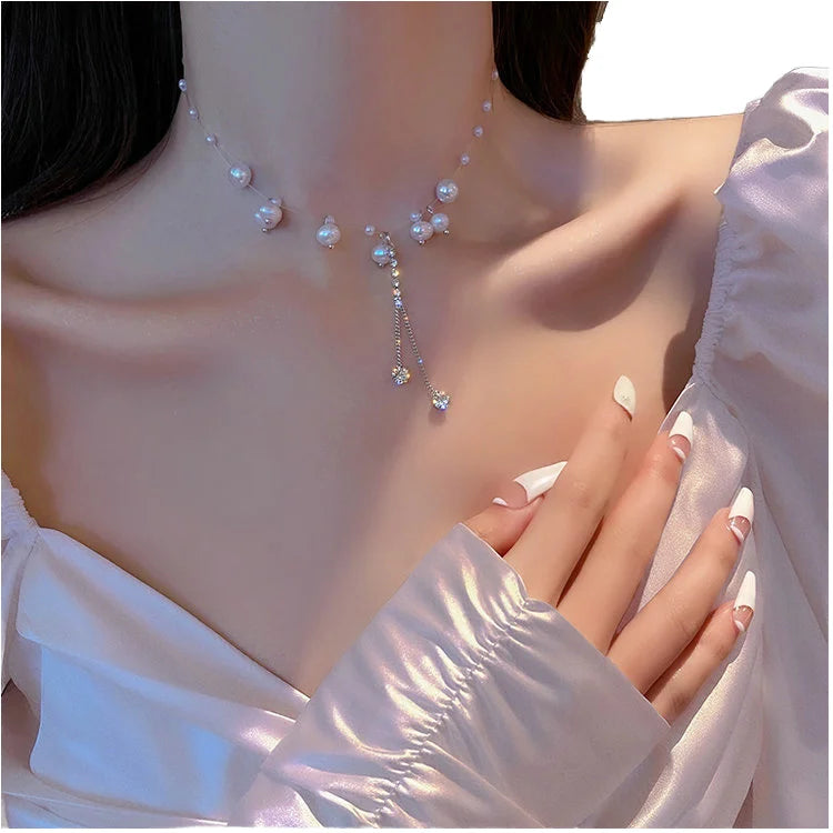 Korean Design Ins Choker Necklace Light Luxury Pearl Beads Zircon Tassel Fishlink for Trendy Fashion Girls for Weddings