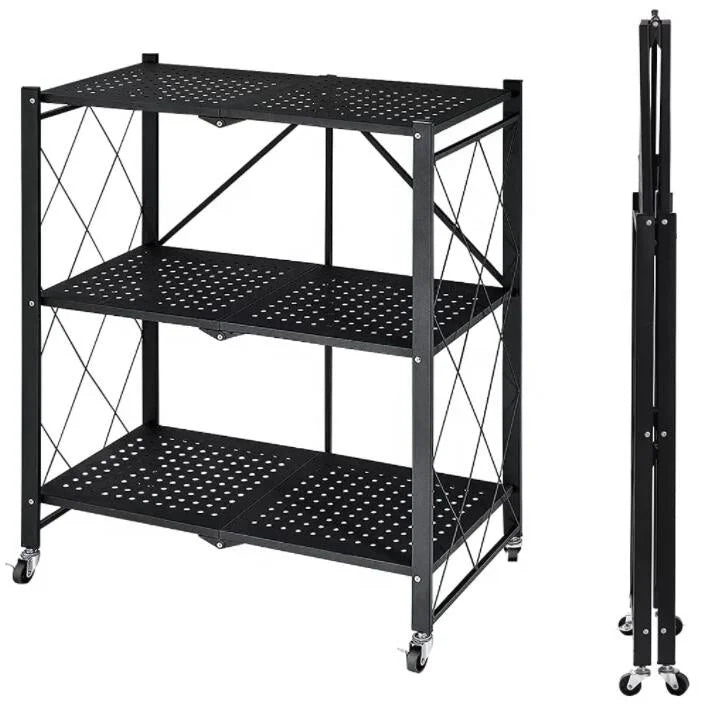 Double Tier Metal Folding Kitchen Storage Rack with Wheels Foldable Food Organizer Shelf