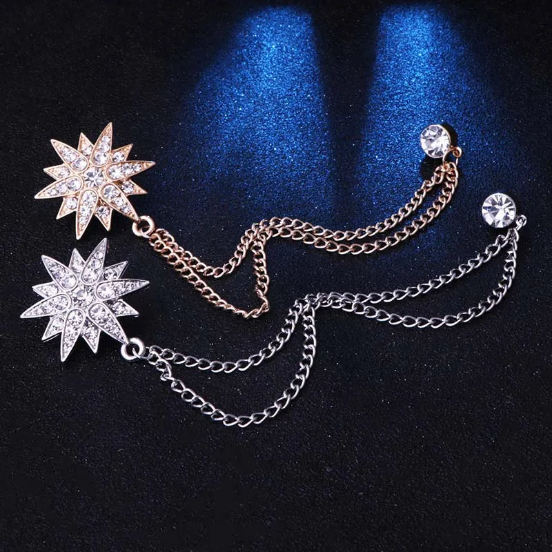 Korean Fashion Full Diamond Star Brooch Men Gift Personald Suit Corsage Gold Silver Plated Sun Tassel Badge Lapel Chain Brooch