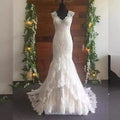 2021 Elegant AL1808 Bohemian Beach Wedding Backless V Neck Lace Gown Sweep Train Short Sleeve Floor-Length Modern Bride Gowns