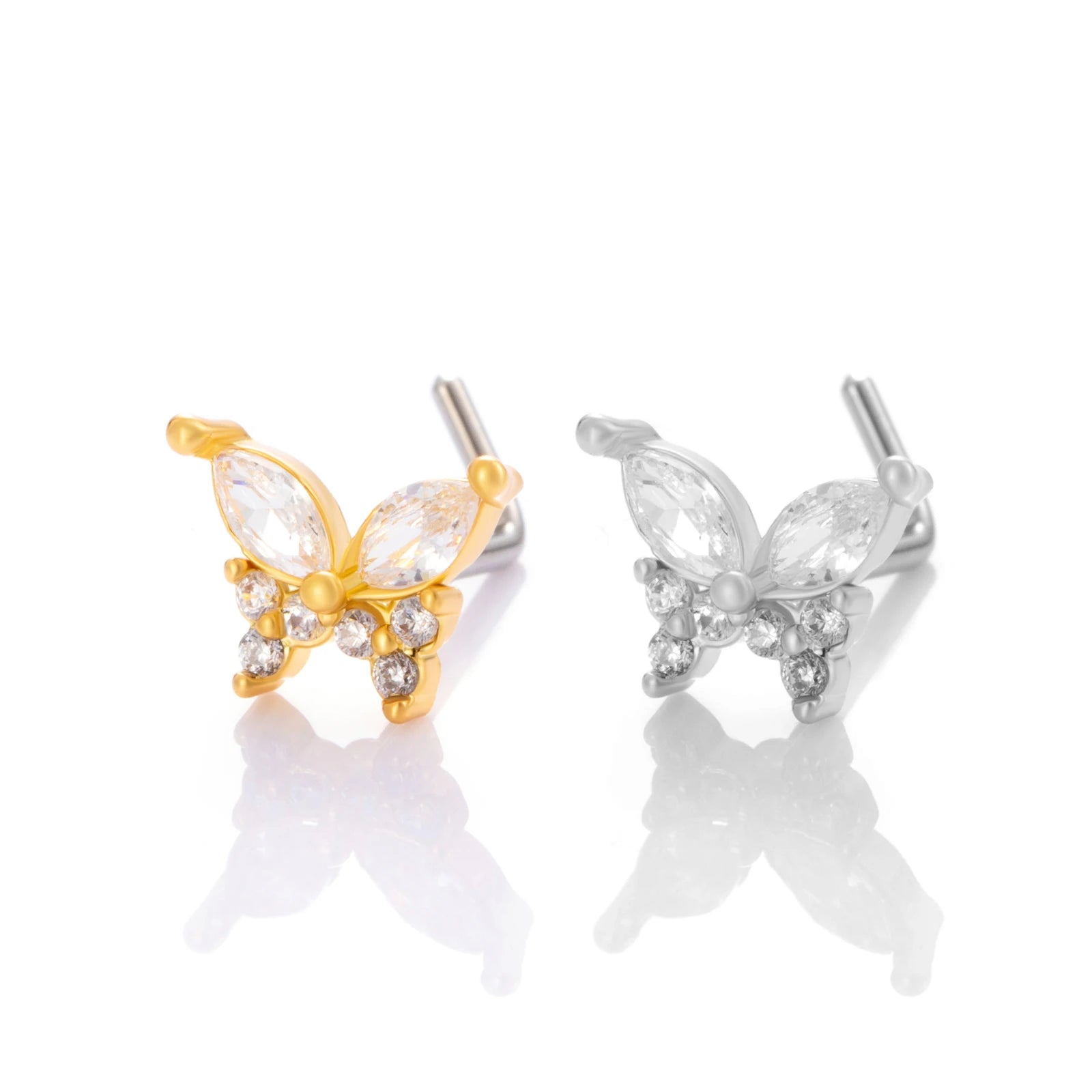HENGSEN Stainless Steel L Stick Nose Piercing Jewelry Marquise Cubic Zirconia Butterfly Nose Stud for Women 701-7#