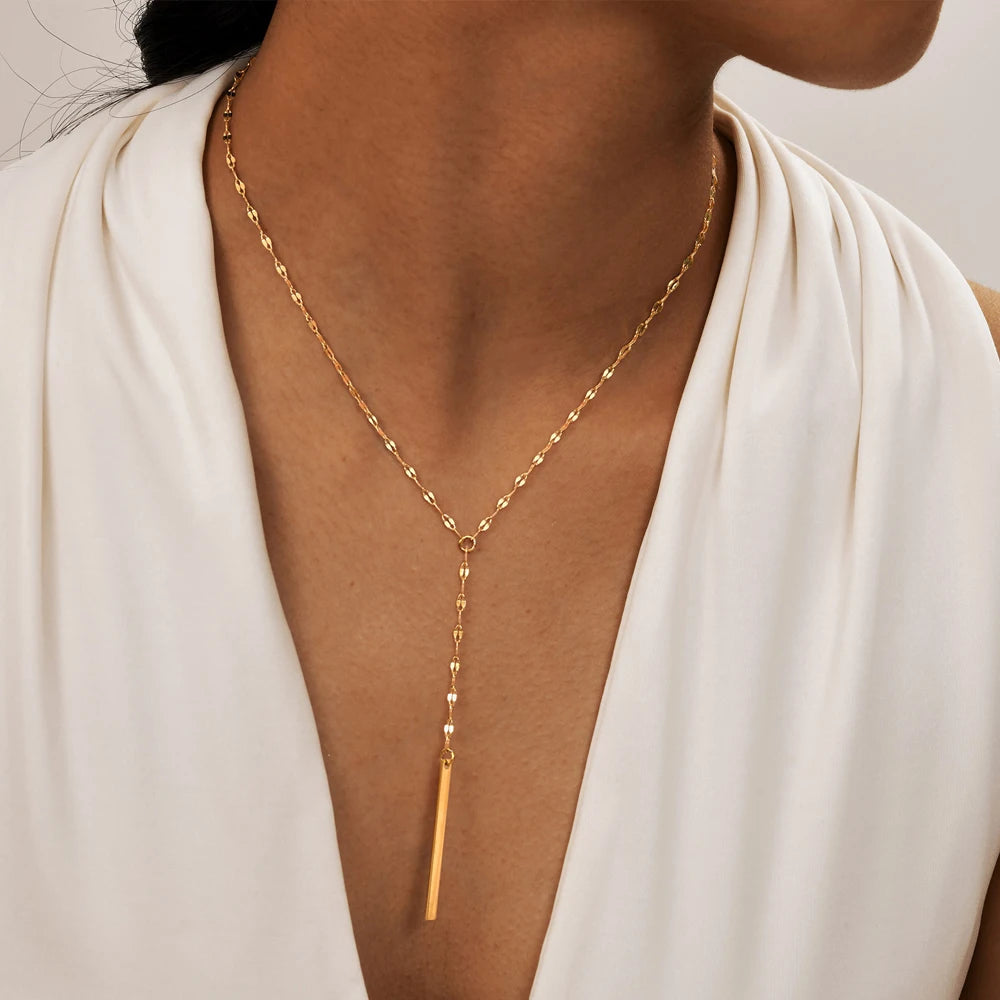 Dainty 18K Gold Plated Stainless Steel Bar Tassel Necklace Adjustable Trendy Long Chain Y Shape Necklace Women