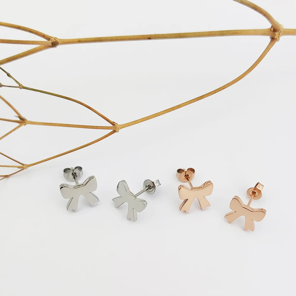 Gold Small Bowknot Stud Earring Stainless Steel Hypoallergenic Tiny Cute Butterfly Bow-tie Shape Earrings Fashionable Jewelry