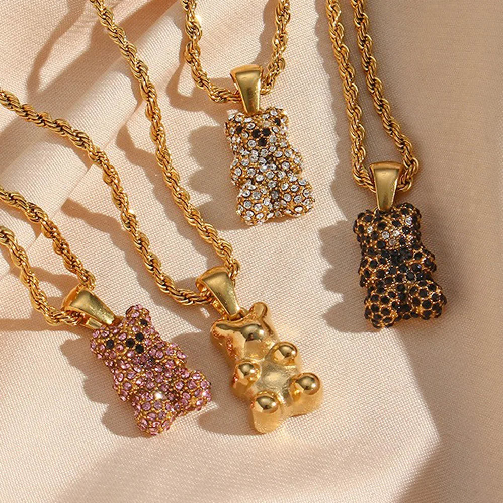 Luxury Jewelry 18K Gold Plated Zircon CZ Bear Pendant Necklace Stainless Steel Twist Rope Chain Bear Locket Necklace