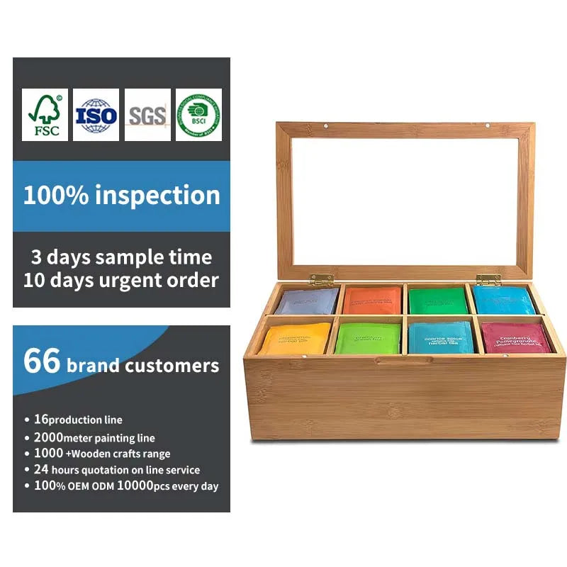 Bamboo Tea Box Storage Organizer Taller Size Holds Tea Bags  8 Adjustable Chest Compartments Natural Wooden Finish