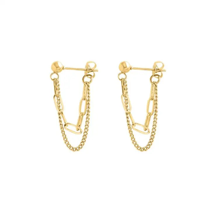 Jietao 18K Gold Plated Tassel Link Chain Drop Earrings Women's Stainless Steel Jewelry Geometric Zircon Classic Style Wholesale