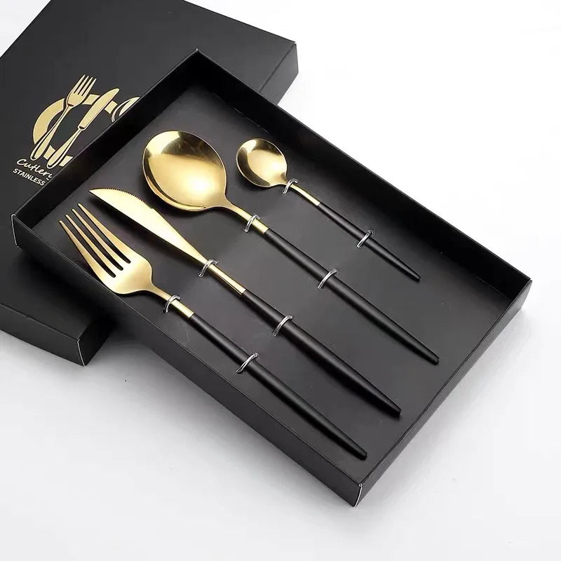 Exquisite Wedding Gold Flatware Set Stainless Steel Black Gold 4 Pcs Cutlery with Gift Box