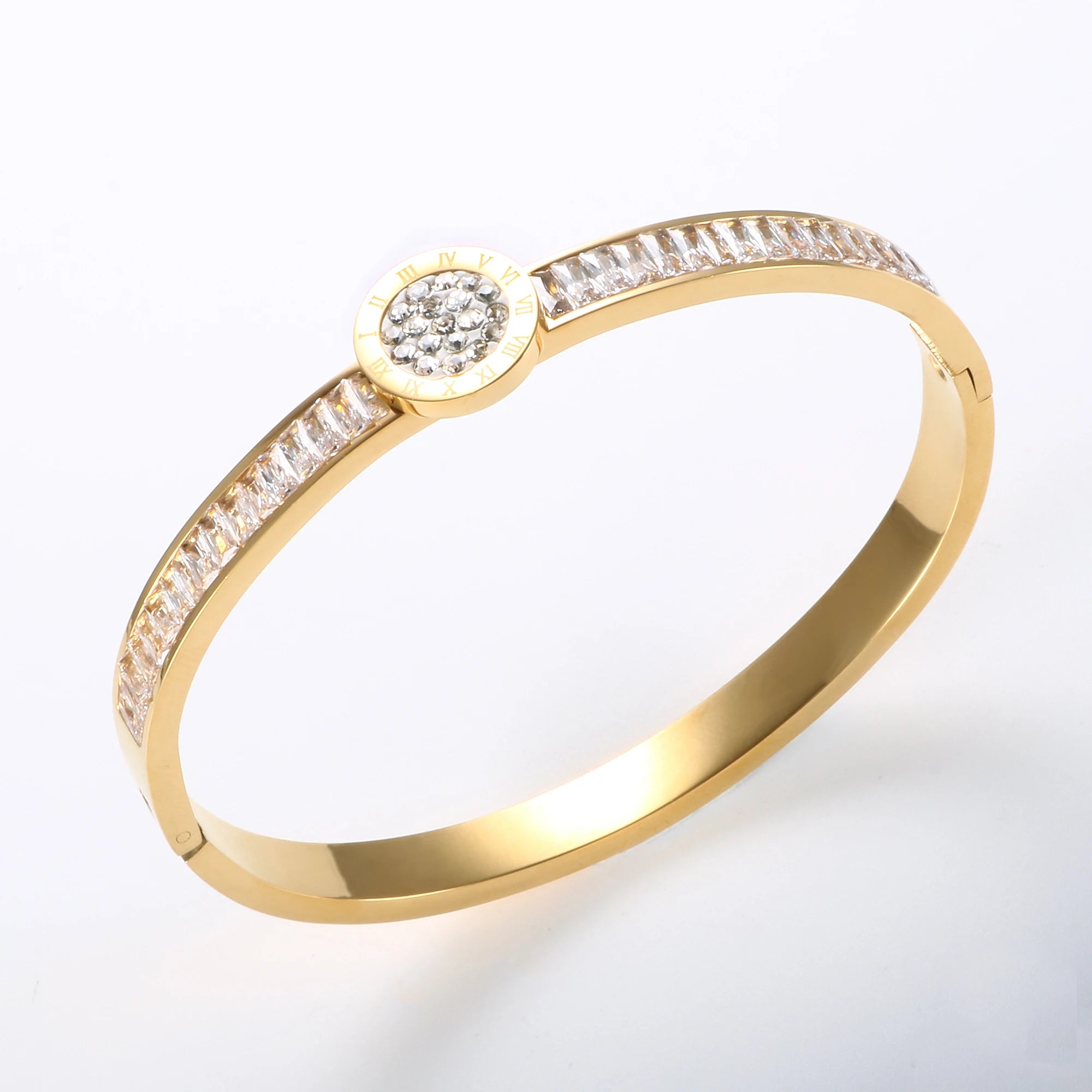 Wholesale Fashionable Cubic Zircon Bangle Stainless Steel Roman Number Bangle Full Diamond Bangle for Women