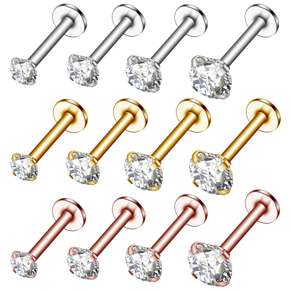 Stainless Steel Gold Plated Pierced Ear Lip Labret Studs Helix Ear Flat Back Zircon Earring Tragus Cartilage Piercing Jewelry