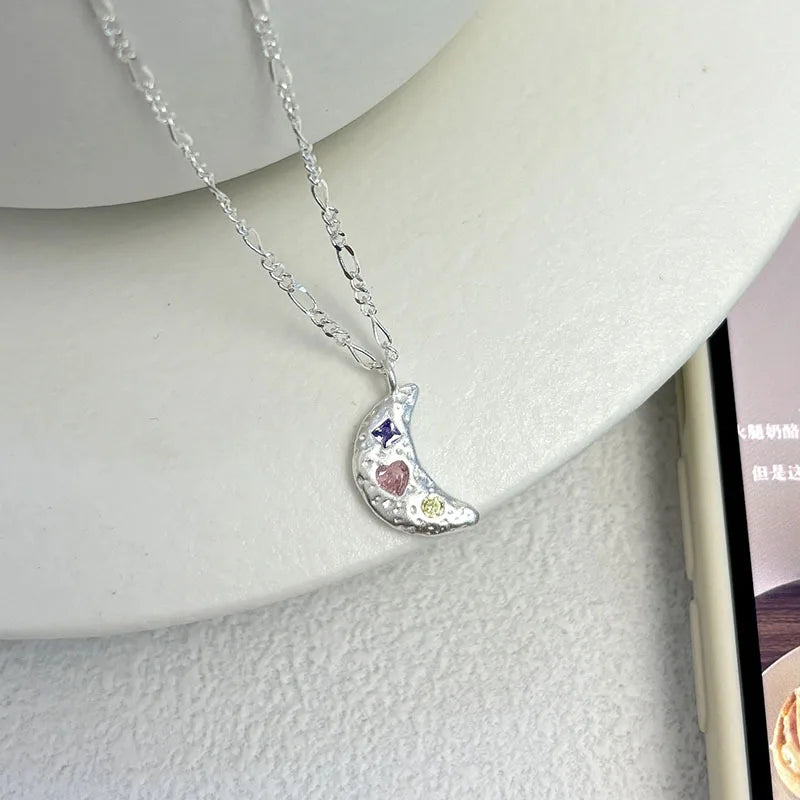 Link Chain Necklace 925 Sterling Silver Colorful Heart Zircon Moon Shape Pendant Necklaces for Girl Gifts