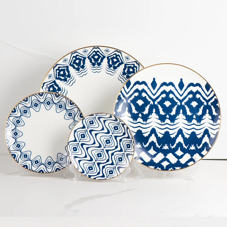 Fancy 12 Inch Blue with Gold Rim  Bone China Dinner Set Ceramic Plates for Home Wedding