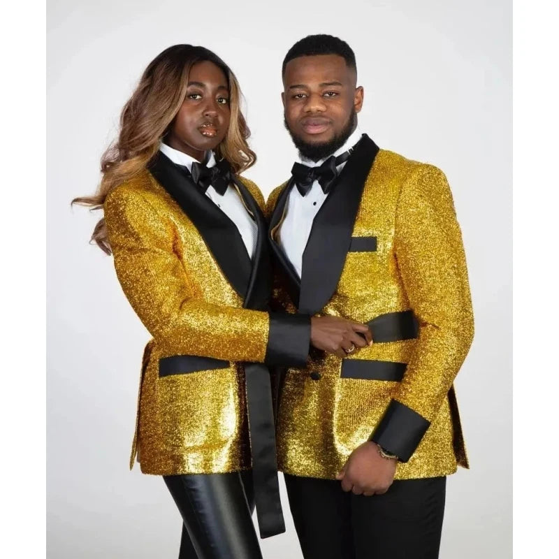 Shiny Couple Design Golden Men Suits Wedding Tuxedos Shawl Lapel Double Breasted Blazer Outfits Business Formal Wear Jacket+Pant