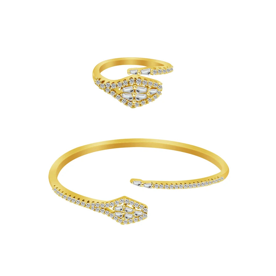 New Arrival Luxury Wedding Engagement Anniversary Gift Cubic Zirconia Open Bracelet and Ring Jewelry Set for Women