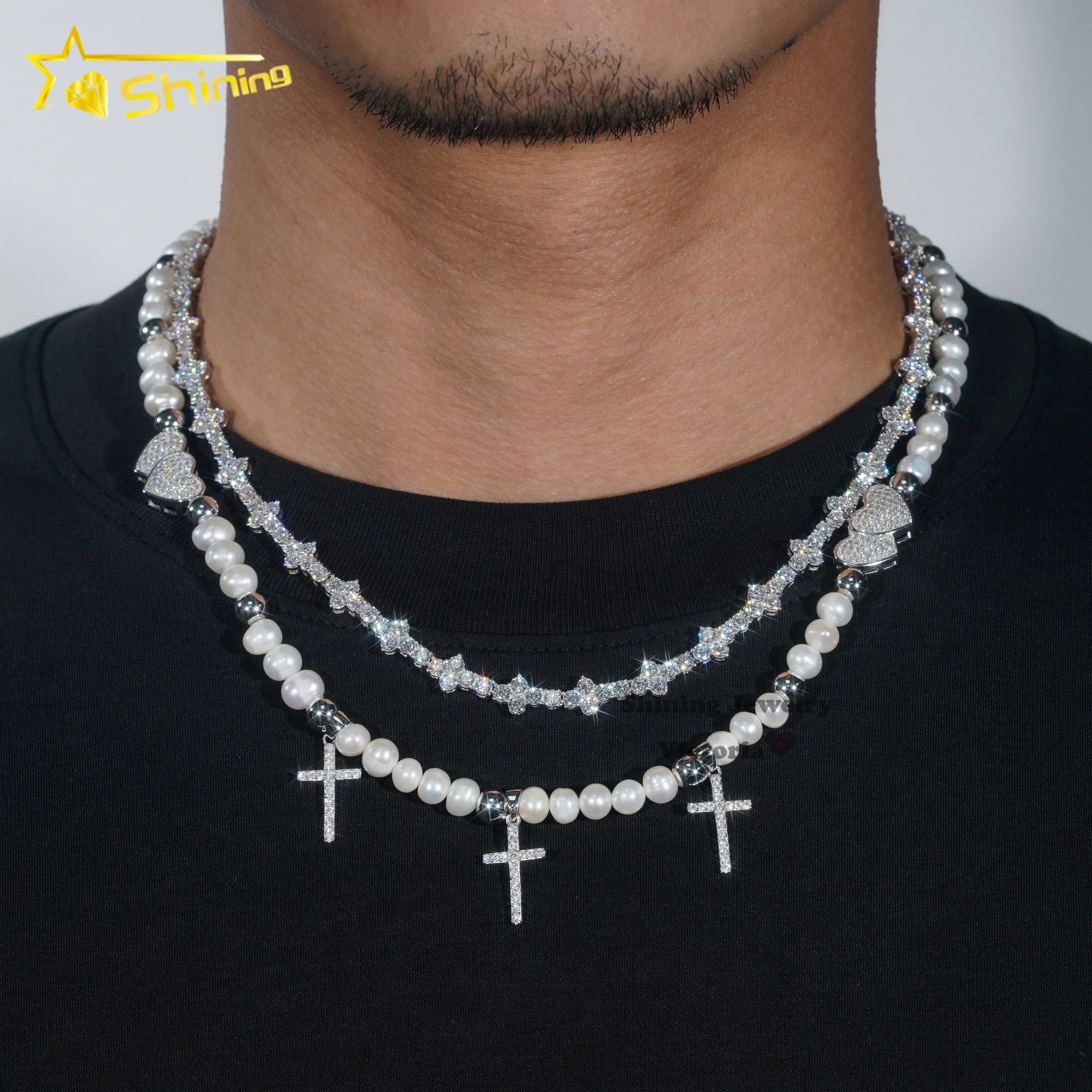 Pass Diamond Tester 925 Silver Hip Hop Jewelry Iced Out VVS Moissanite Pearl Necklace Cross Pendant Tennis Chain Necklace